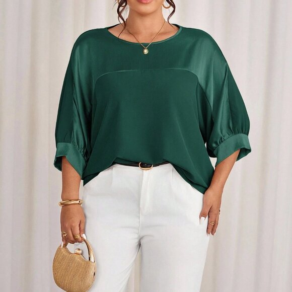 Dark Green Casual Women's Plus Size Metallic Raglan Patchwork Pullover Shirt - Picture 5 of 7